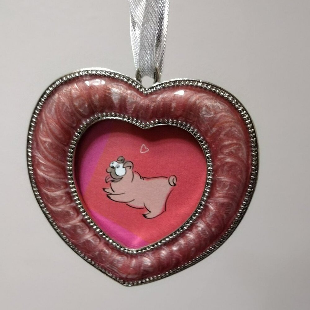 Heart-Shaped Metal Enamel Ornament With Cartoon Pug Dog Design & Silver Ribbon